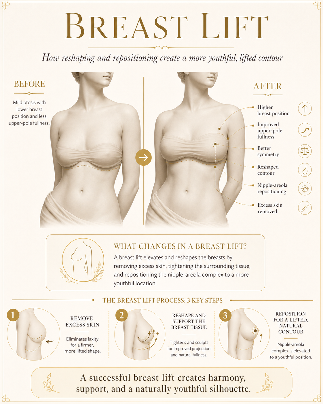 Breast lift before and after illustration: how reshaping and repositioning create a more youthful, lifted contour.